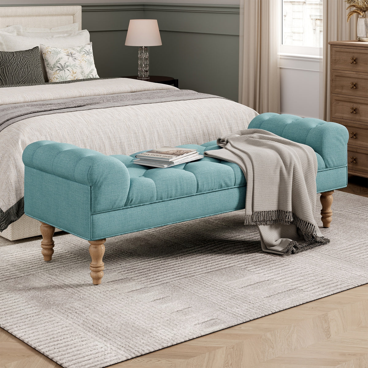 Button-Tufted End of Bed Bench,Large Upholstered Ottoman,Foot Rest with Legs,Footstool with Rolled Arms,Upholstered Fabric Bench,Indoor Bench for Bedroom,Living Room,Entryway,Dusty Teal