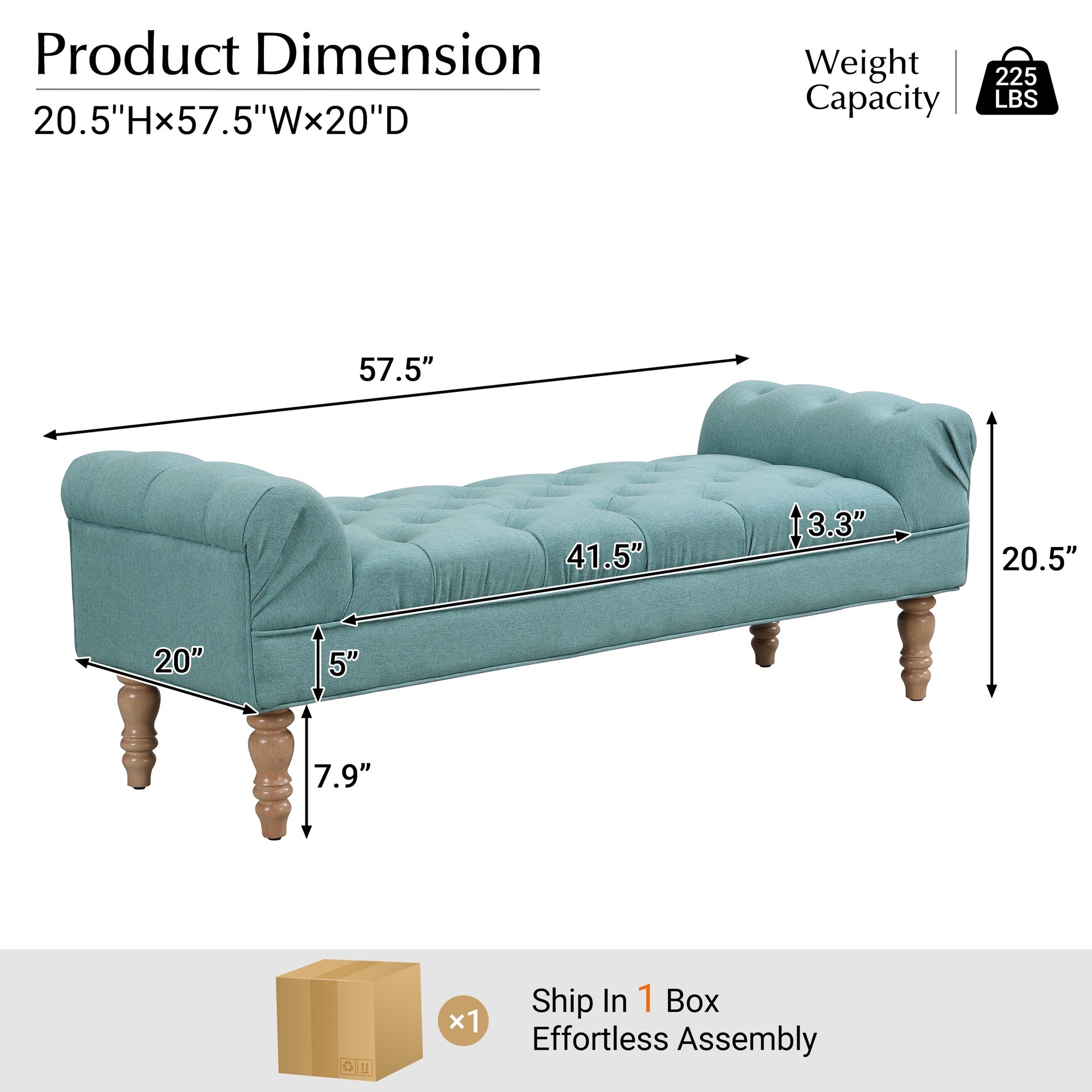 Button-Tufted End of Bed Bench,Large Upholstered Ottoman,Foot Rest with Legs,Footstool with Rolled Arms,Upholstered Fabric Bench,Indoor Bench for Bedroom,Living Room,Entryway,Dusty Teal