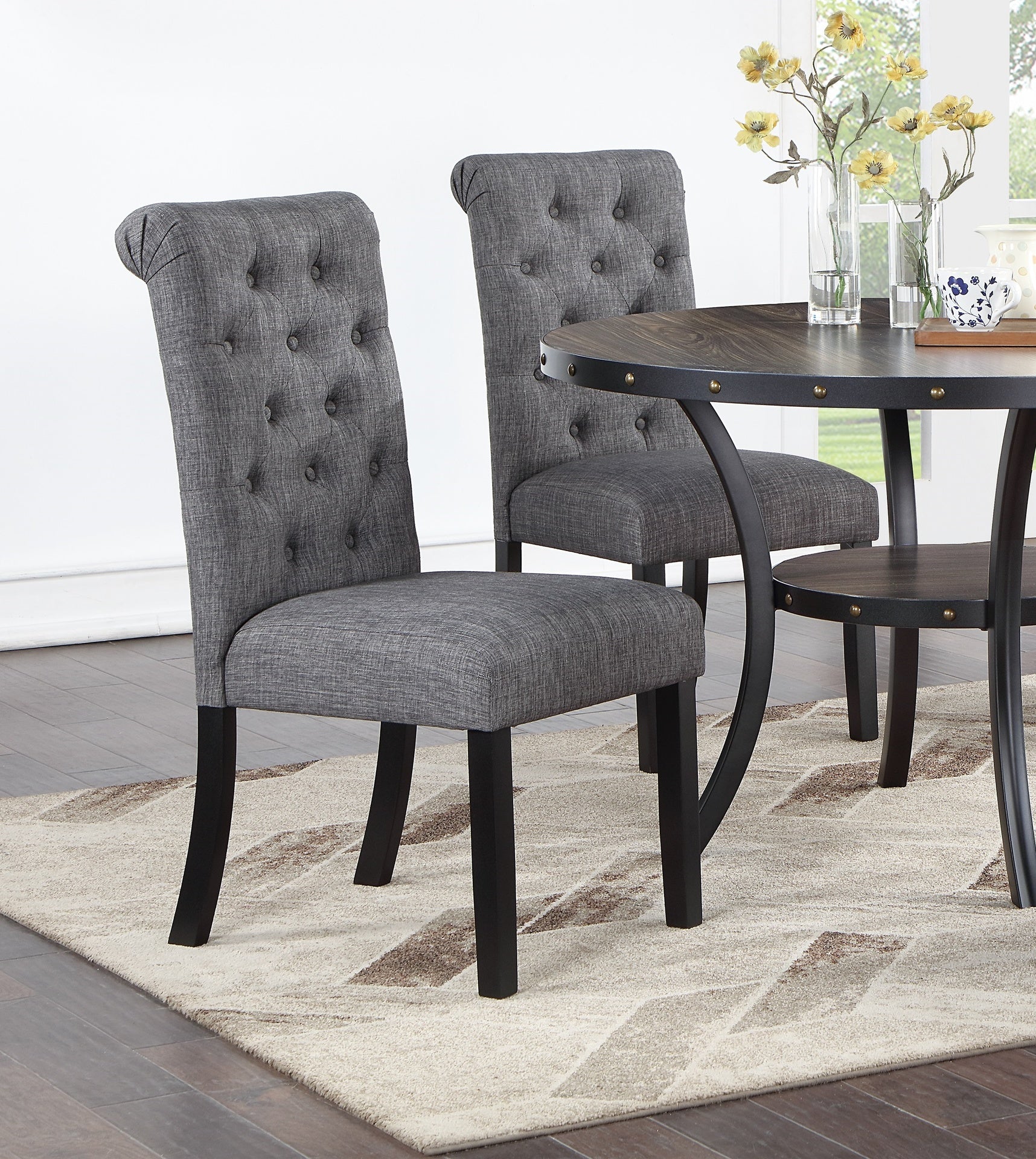 Modern Classic Dining Room Furniture Natural Wood Round Dining Table 4x Side Chairs Charcoal Fabric Tufted Roll Back Top Chair Storage Shelve 5pc Dining Set