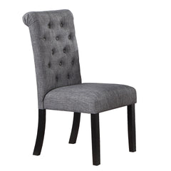 Modern Classic Dining Room Furniture Natural Wood Round Dining Table 4x Side Chairs Charcoal Fabric Tufted Roll Back Top Chair Storage Shelve 5pc Dining Set