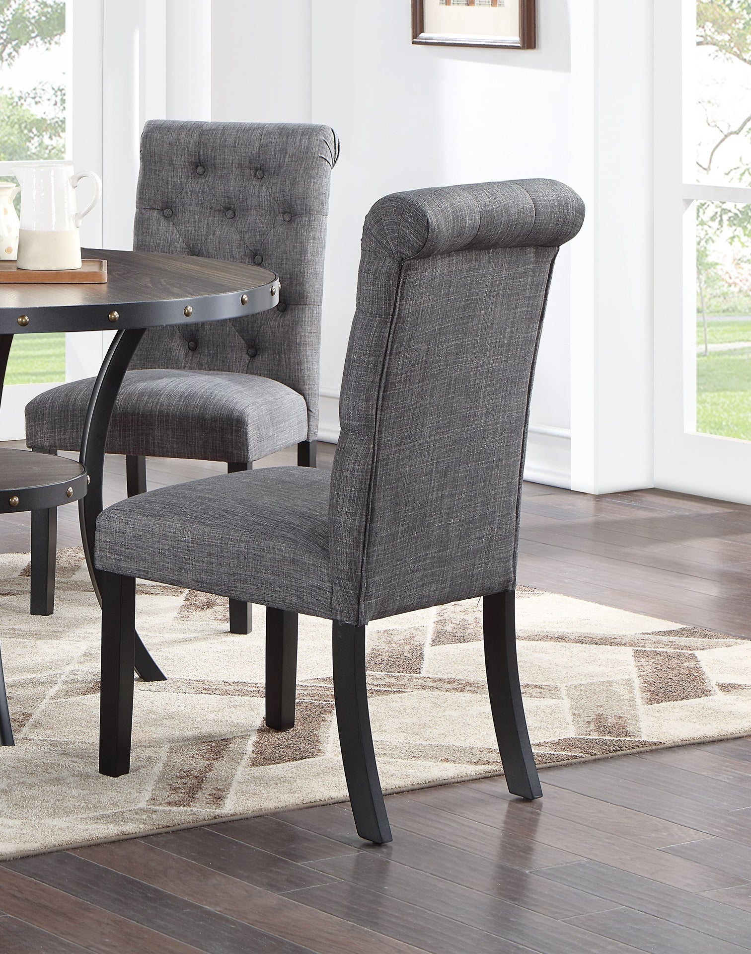 Modern Classic Dining Room Furniture Natural Wood Round Dining Table 4x Side Chairs Charcoal Fabric Tufted Roll Back Top Chair Storage Shelve 5pc Dining Set