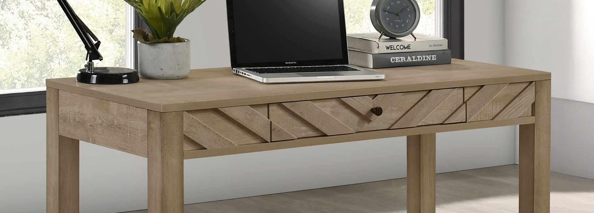 1pc Writing Desk Sleek Light Brown Finish Square Legs Single Drawer Home Office Study Space Wooden Furniture