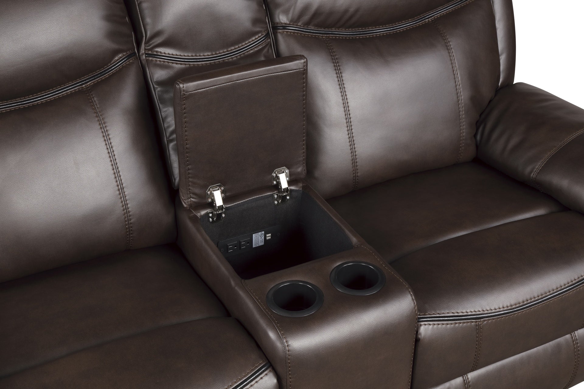 Dark Brown 1pc Double Glider Recliner Loveseat w/ Storage Console Cup Holder, Power Outlets USB Ports Faux Leather Upholstery Plush Seating Living Room Furniture
