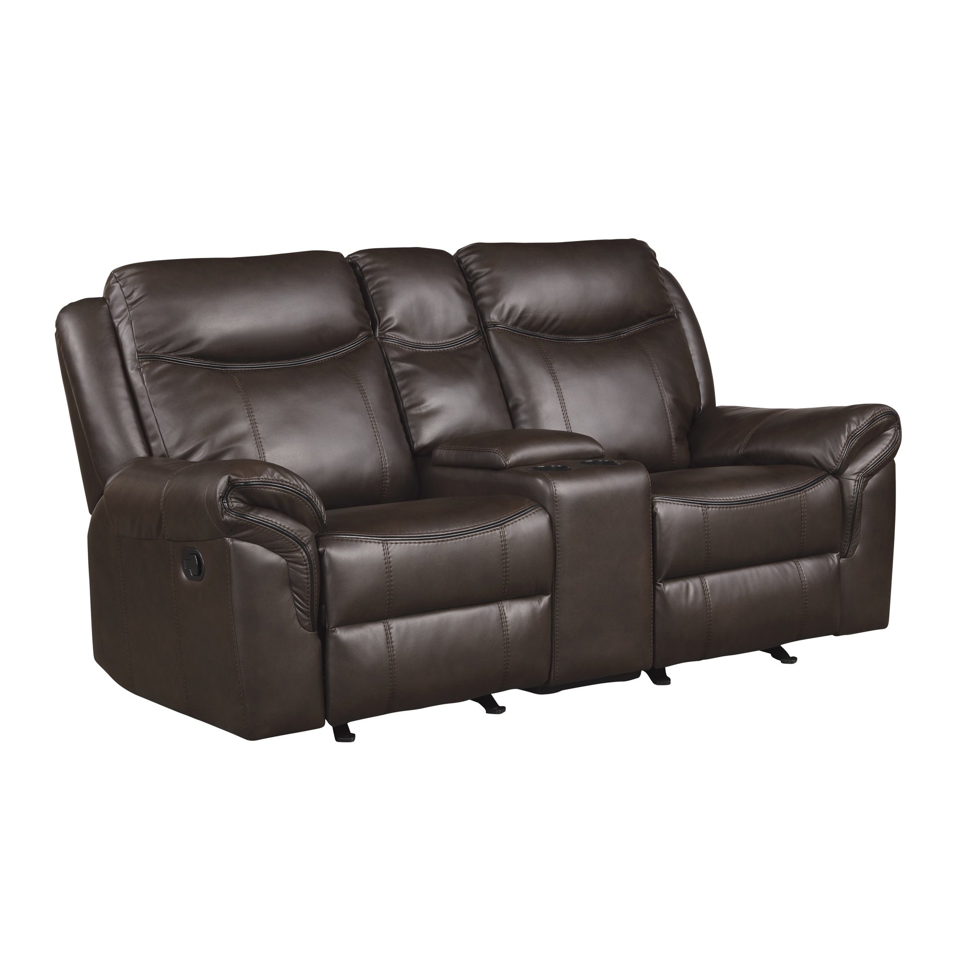 Dark Brown 1pc Double Glider Recliner Loveseat w/ Storage Console Cup Holder, Power Outlets USB Ports Faux Leather Upholstery Plush Seating Living Room Furniture