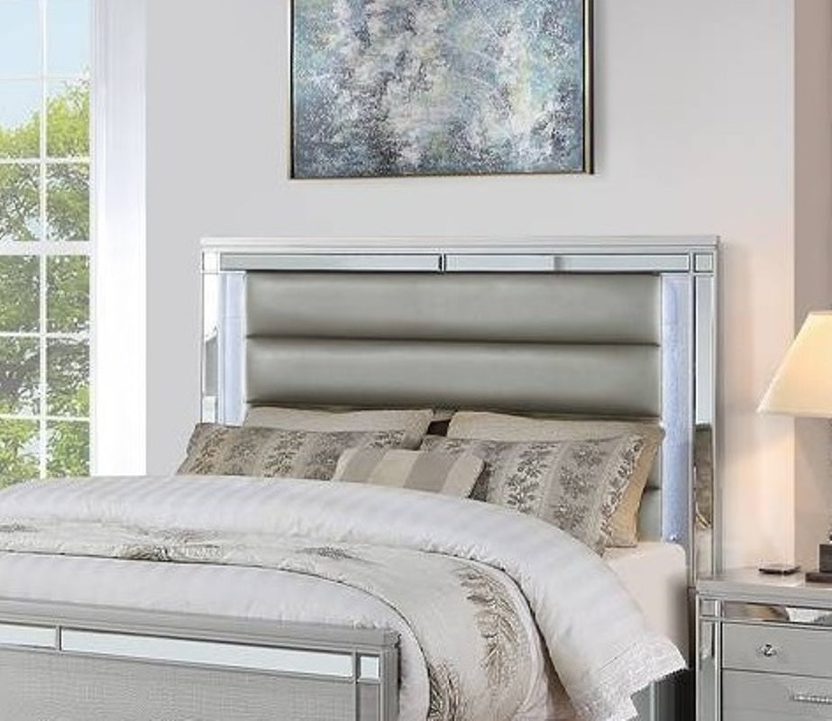 Eastern King Size 1pc Bed Built In LED Lights Glass Panel Round Gourd Legs Horizontal Tufting Silver Finish Bedroom Furniture