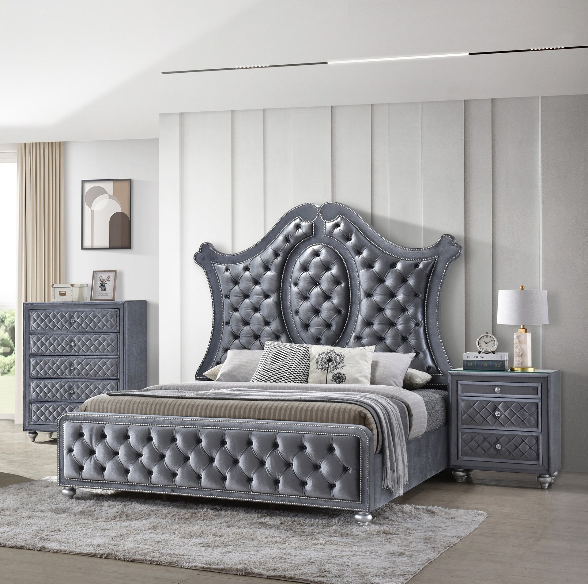 1pc Glam 5-Drawer Chest Velvet Tufted Drawer Front Faux Crystal Drawer Knobs Bedroom Furniture