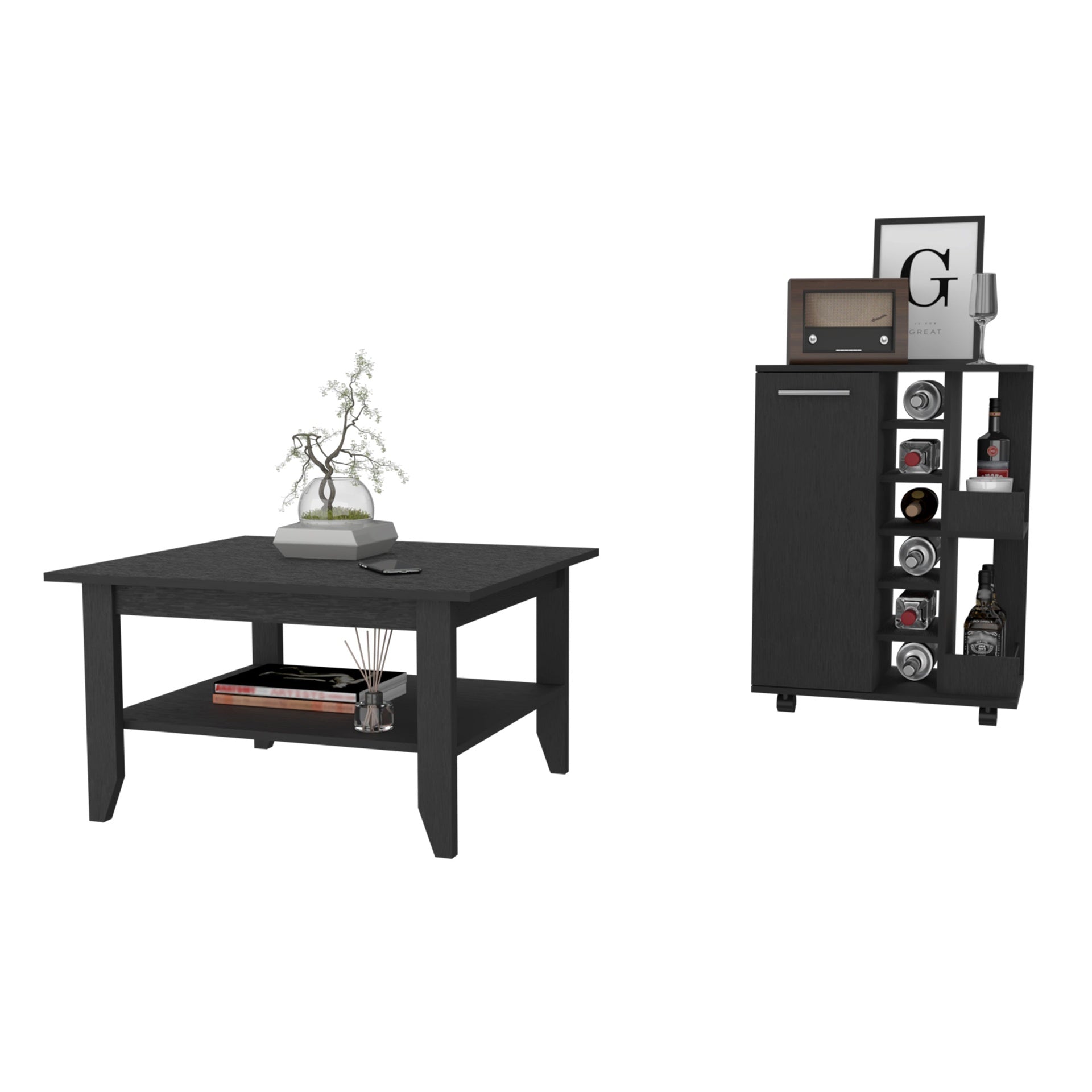 2-Piece Living Room Set, Bar Cart + Coffee Table, Wenge