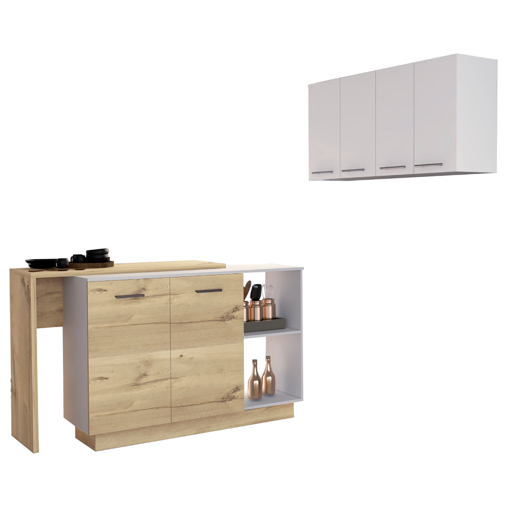 White and Light Oak 4-Shelf 6-Door 2-piece Kitchen Set, Kitchen Island and Upper Wall Cabinet