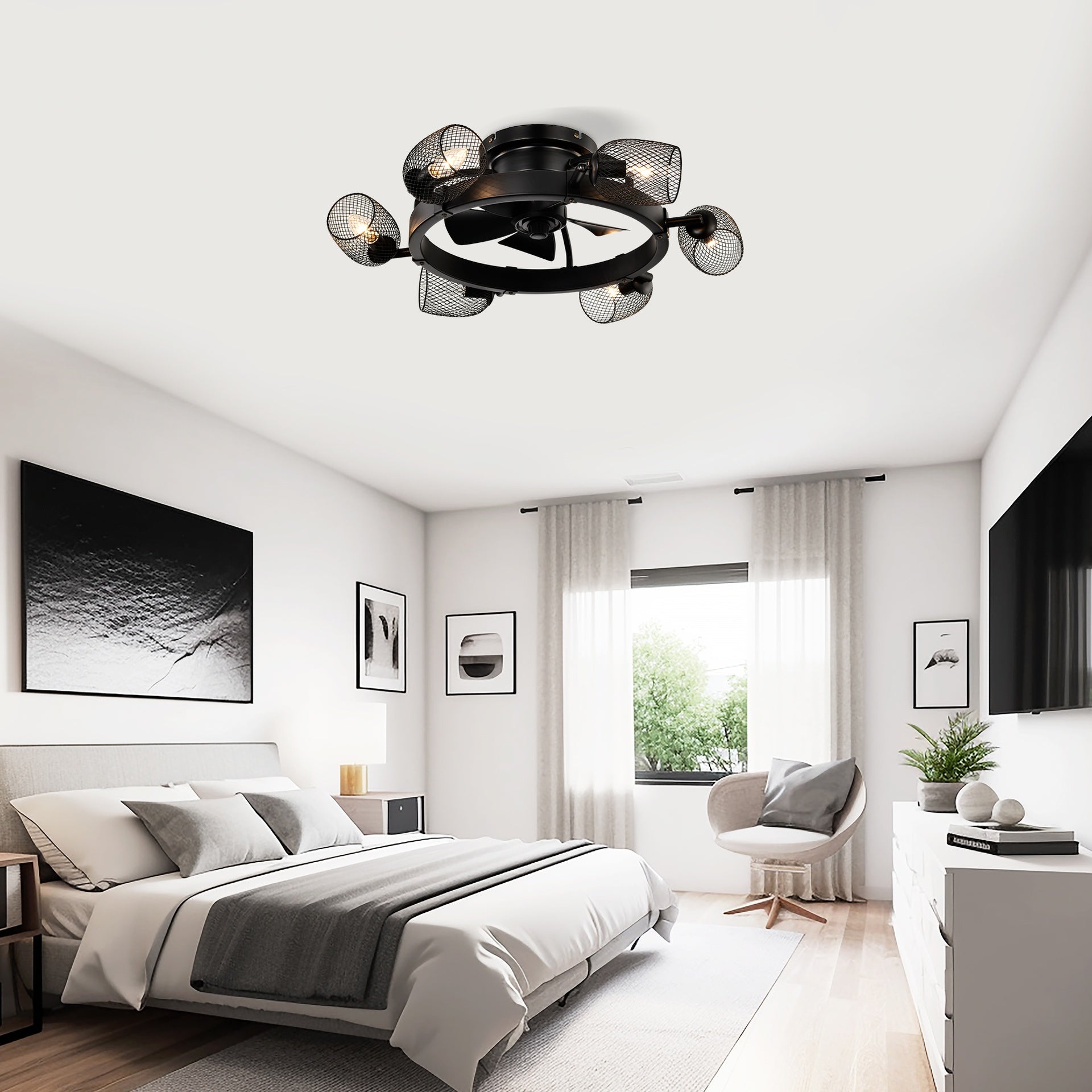 25.8''  Industrial Ceiling Fan with remote control ,5 ABS Blades small size ceiling fan For Living Room, Dining Room, Bedroom, Family Room, Matte Black ,6 PCS*E26 (Does Not Include Light Bulbs)