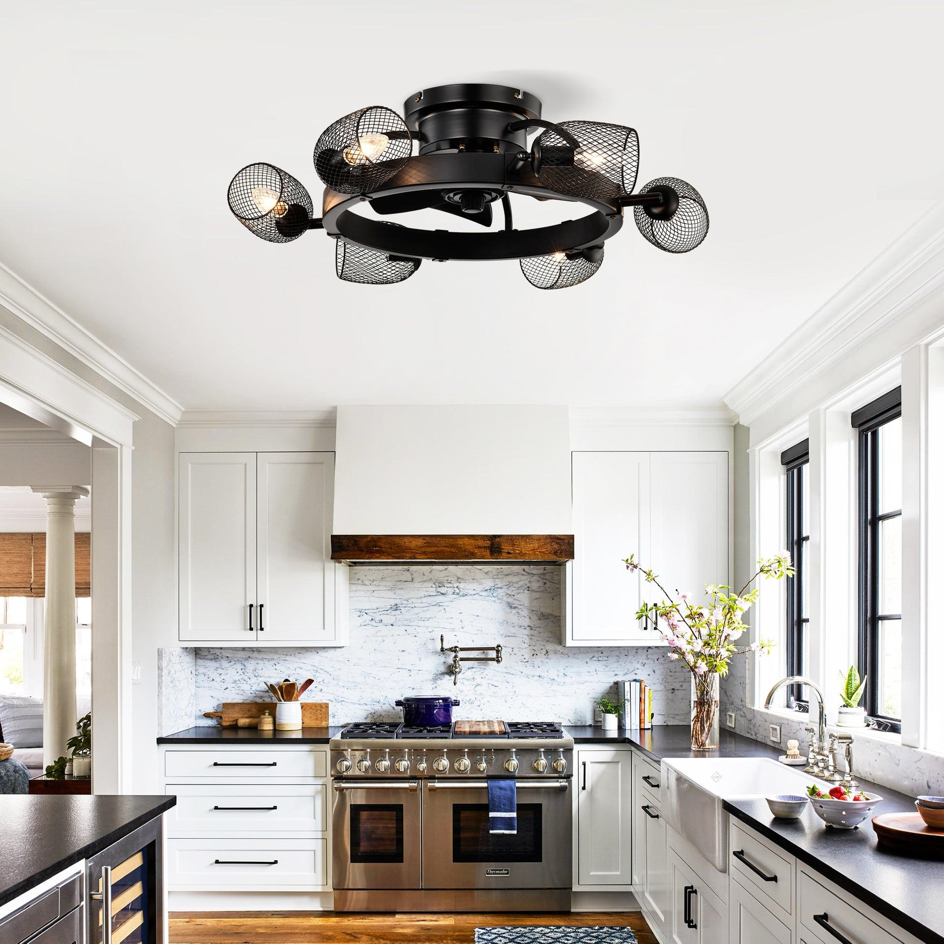 25.8''  Industrial Ceiling Fan with remote control ,5 ABS Blades small size ceiling fan For Living Room, Dining Room, Bedroom, Family Room, Matte Black ,6 PCS*E26 (Does Not Include Light Bulbs)