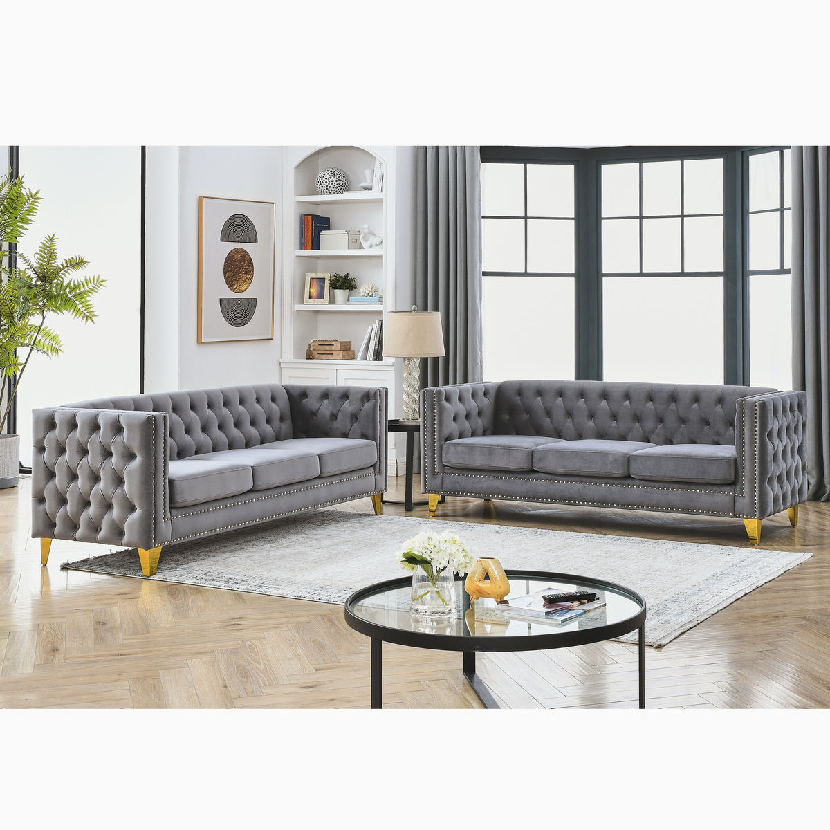 Velvet Sofa for Living Room,Buttons Tufted Square Arm Couch, Modern Couch Upholstered Button and Metal Legs, Sofa Couch for Bedroom, Grey Velvet .2PCS
