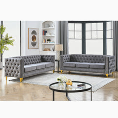 Velvet Sofa for Living Room,Buttons Tufted Square Arm Couch, Modern Couch Upholstered Button and Metal Legs, Sofa Couch for Bedroom, Grey Velvet .2PCS