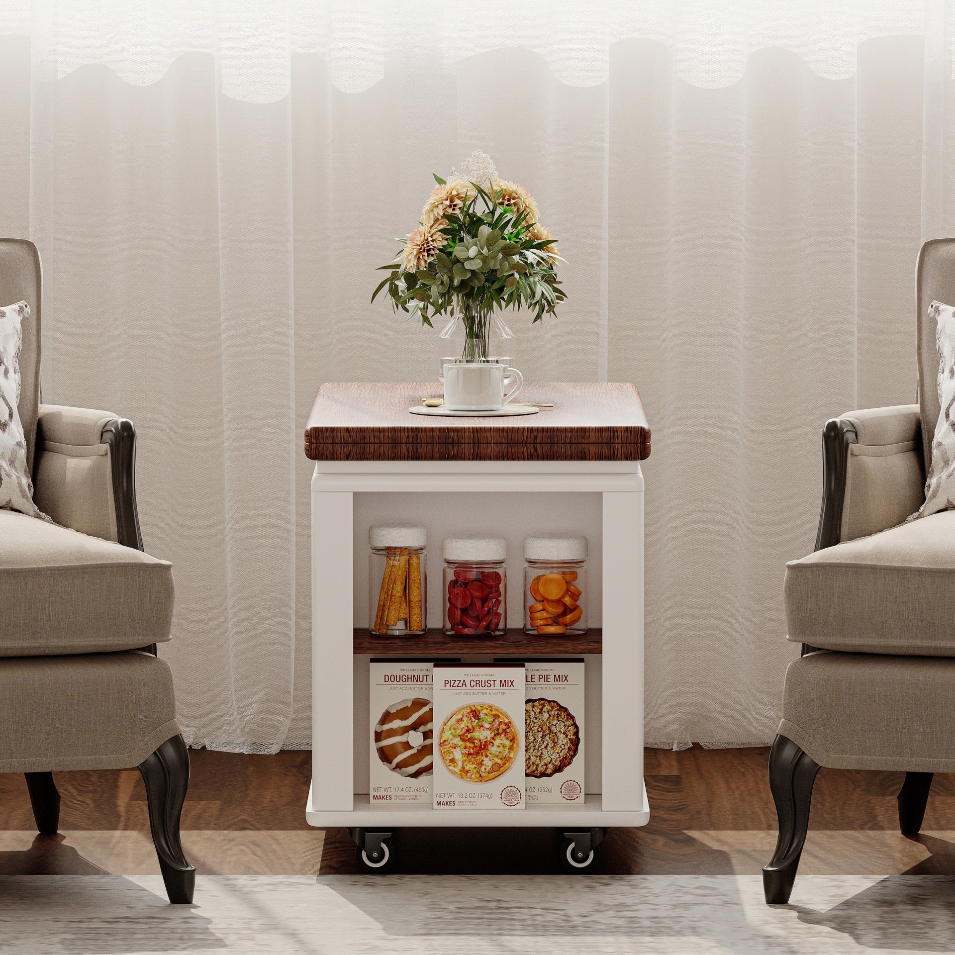 27.6'' Modern Multi-Function Coffee Table/Side Table with Foldable Top & Casters, Multi-tier storage, White & Walnut