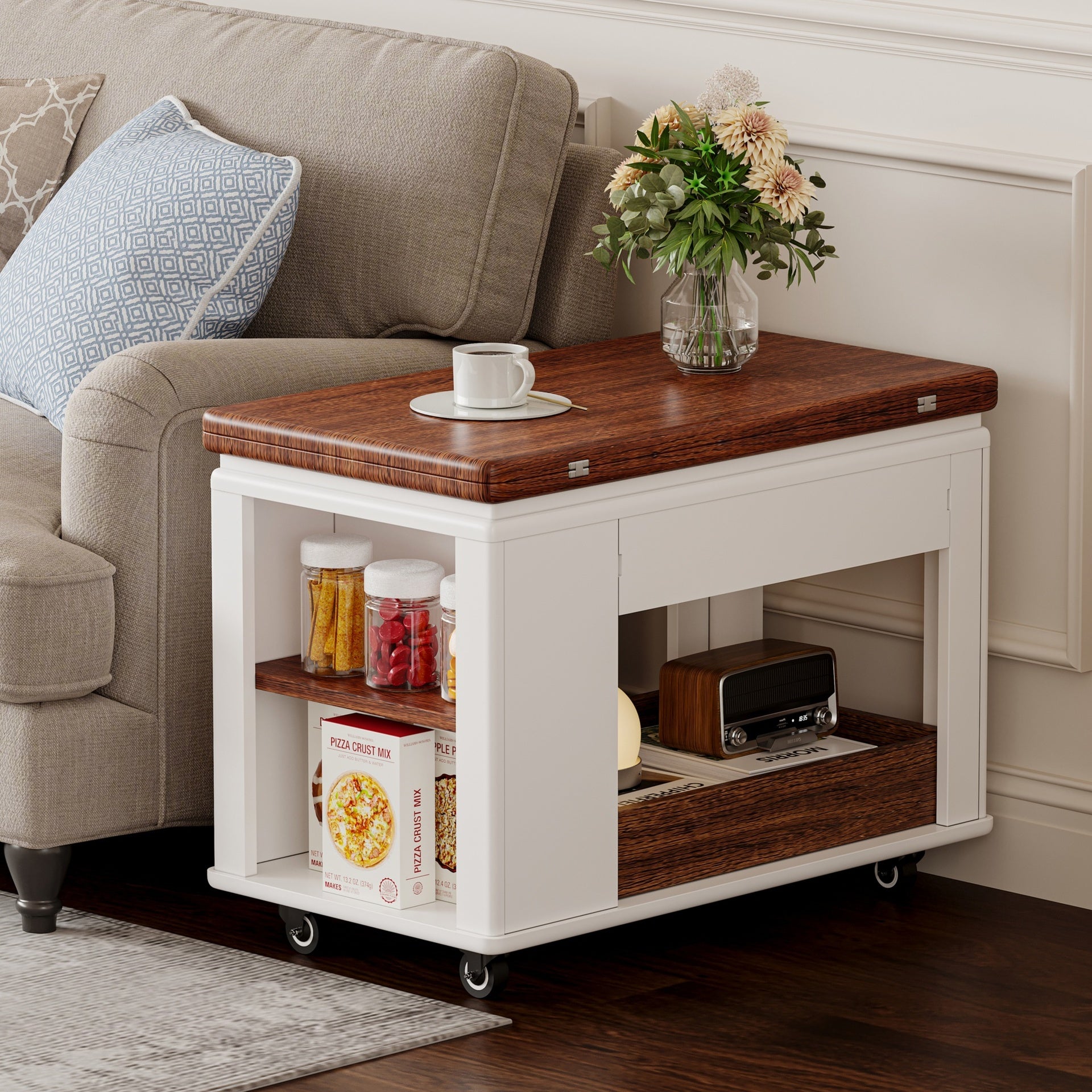 27.6'' Modern Multi-Function Coffee Table/Side Table with Foldable Top & Casters, Multi-tier storage, White & Walnut