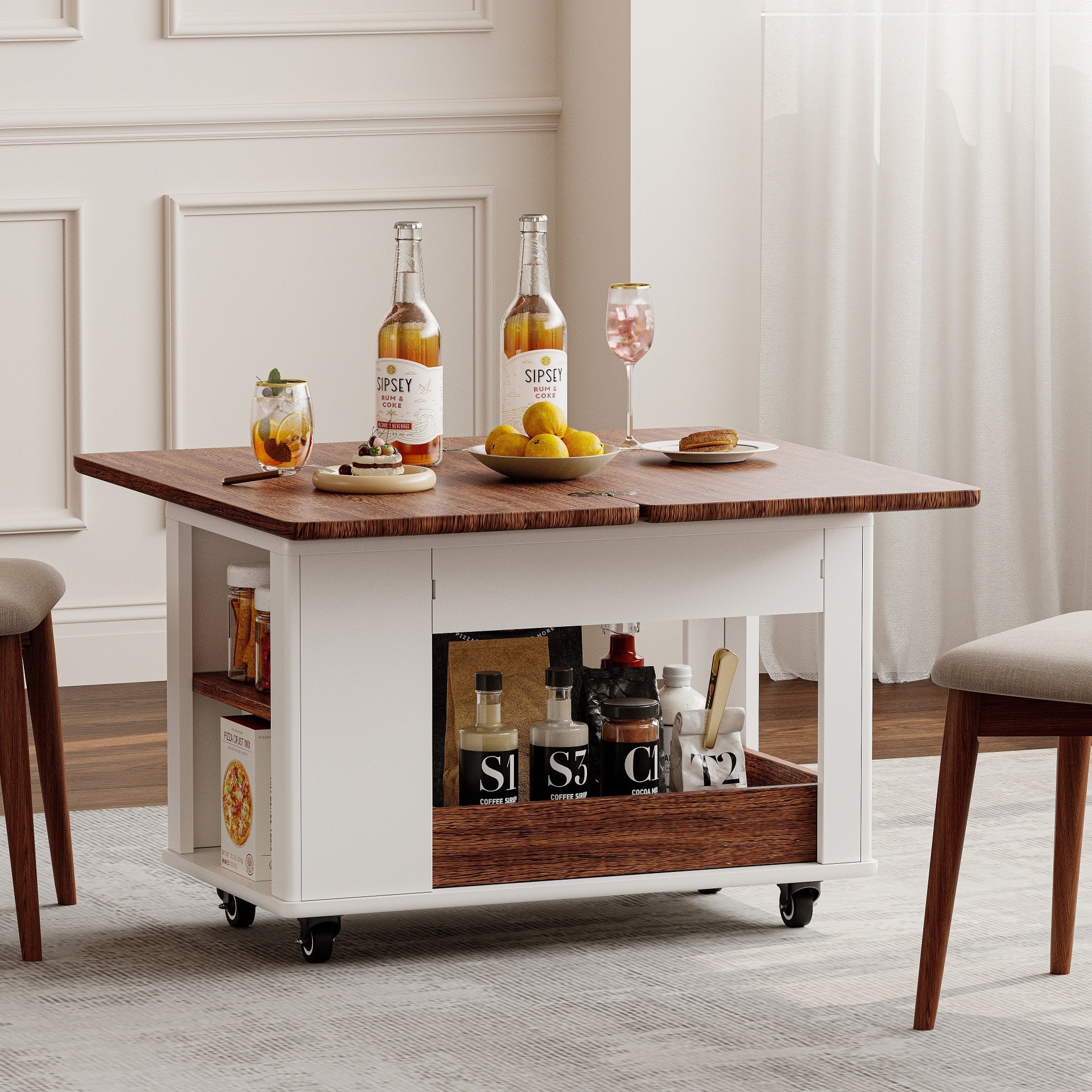 27.6'' Modern Multi-Function Coffee Table/Side Table with Foldable Top & Casters, Multi-tier storage, White & Walnut