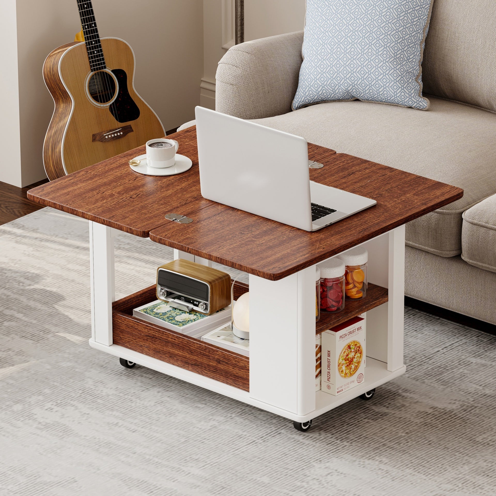 27.6'' Modern Multi-Function Coffee Table/Side Table with Foldable Top & Casters, Multi-tier storage, White & Walnut