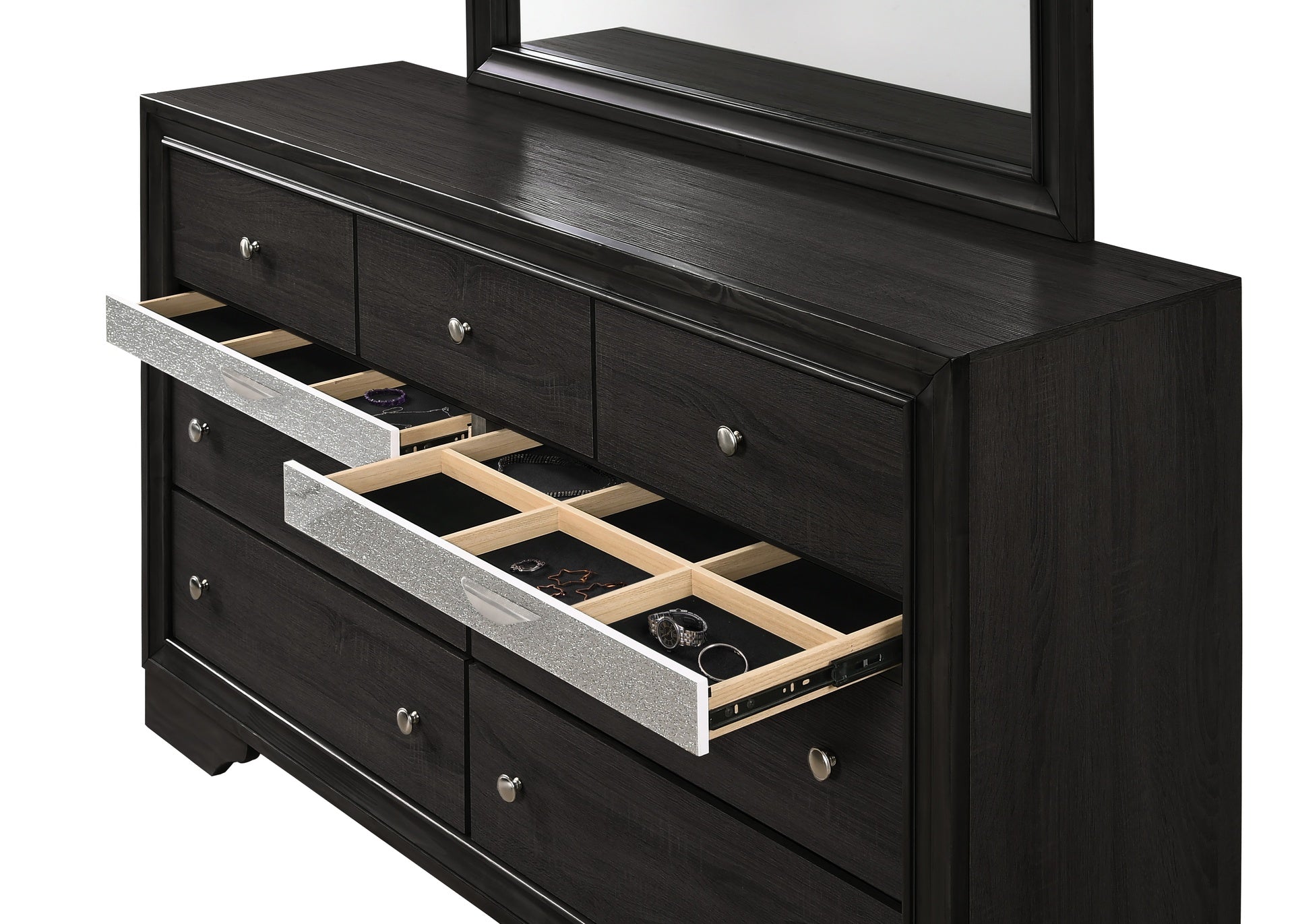 Modern Luxury 1pc Glam 7-Drawer Dresser Pullout Jeweler Tray Silver Panel Bedroom Solid Wood Wooden Furniture