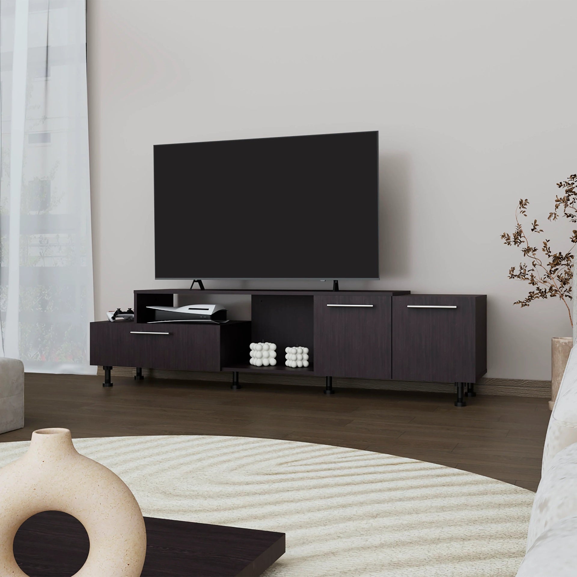 Wengue Entertainment Center with Open Storage and 2-Side Cabinets