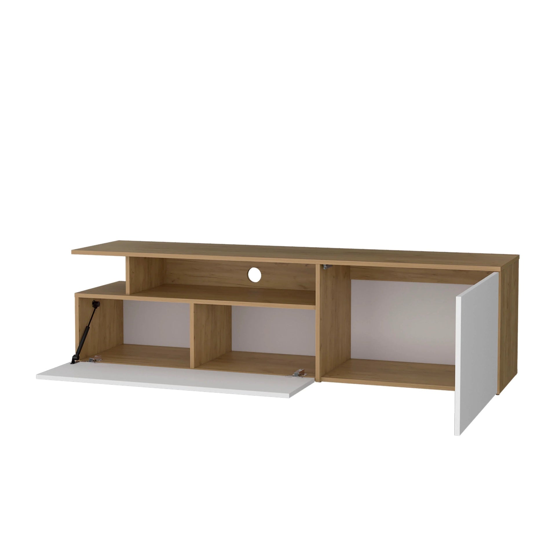 Natural Oak and White TV Stand with Drop-Down Door and Open Shelf