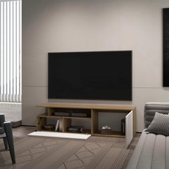 Natural Oak and White TV Stand with Drop-Down Door and Open Shelf