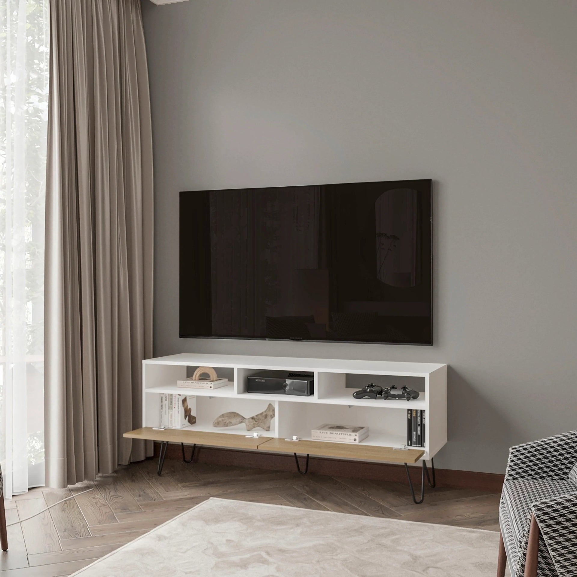 White and Natural Oak TV Stand with 2 Doors and Open Storage