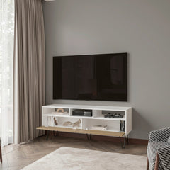 White and Natural Oak TV Stand with 2 Doors and Open Storage