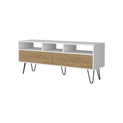 White and Natural Oak TV Stand with 2 Doors and Open Storage