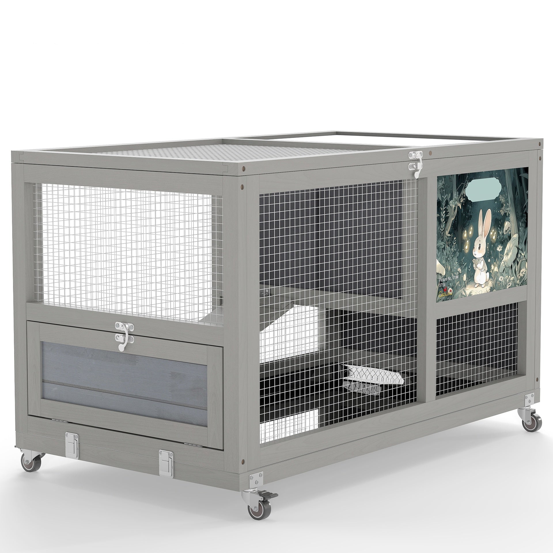 2-Tier Bunny Hutch, Wood Rabbit Cage on Wheels with Openable Roof, Ramp, Easy-to-Clean Tray, Guinea Pig Pet House for Small Animals, Gray with Colorful Patterns