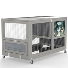 2-Tier Bunny Hutch, Wood Rabbit Cage on Wheels with Openable Roof, Ramp, Easy-to-Clean Tray, Guinea Pig Pet House for Small Animals, Gray with Colorful Patterns