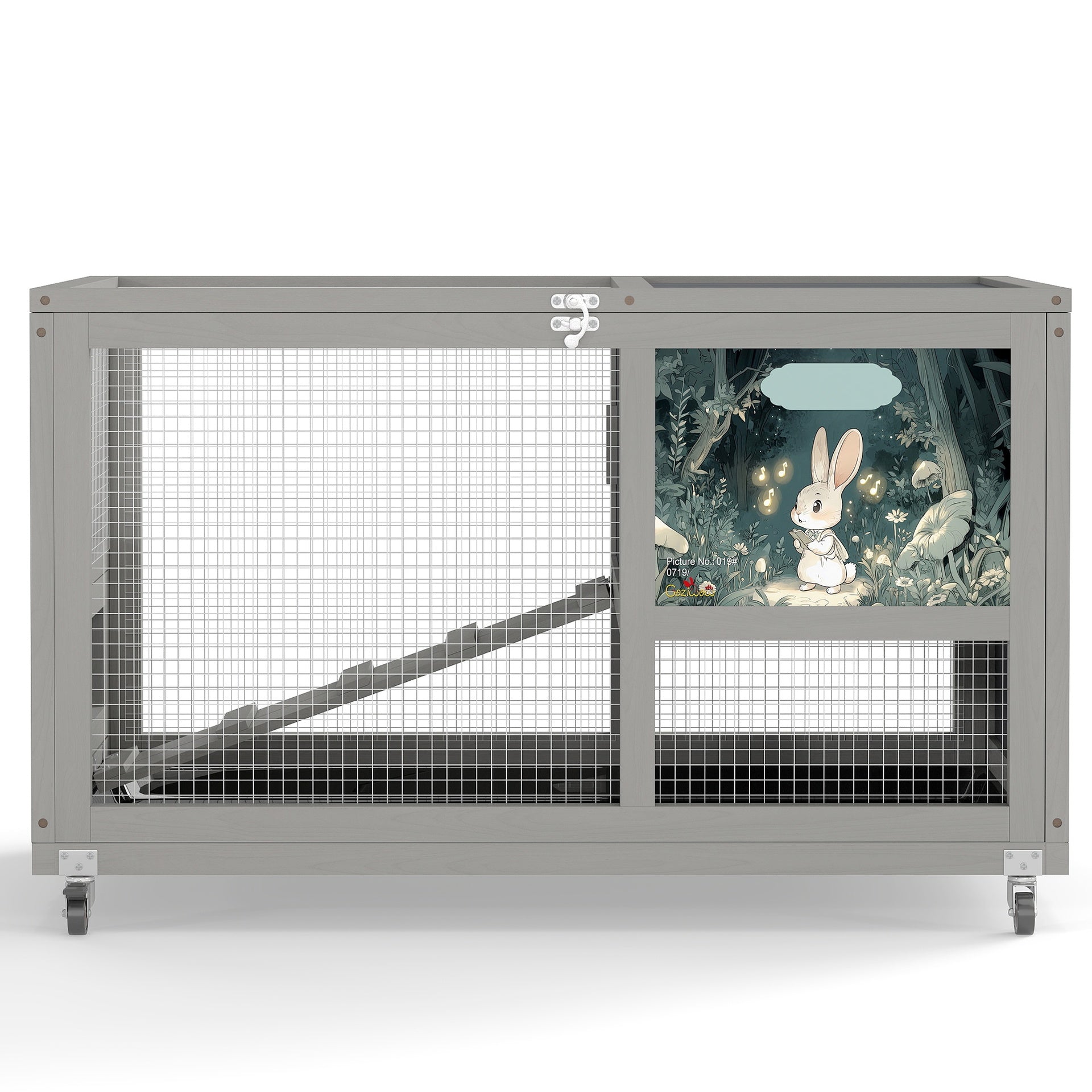2-Tier Bunny Hutch, Wood Rabbit Cage on Wheels with Openable Roof, Ramp, Easy-to-Clean Tray, Guinea Pig Pet House for Small Animals, Gray with Colorful Patterns