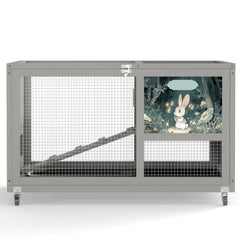 2-Tier Bunny Hutch, Wood Rabbit Cage on Wheels with Openable Roof, Ramp, Easy-to-Clean Tray, Guinea Pig Pet House for Small Animals, Gray with Colorful Patterns