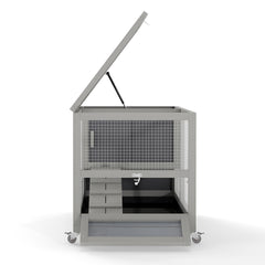 2-Tier Bunny Hutch, Wood Rabbit Cage on Wheels with Openable Roof, Ramp, Easy-to-Clean Tray, Guinea Pig Pet House for Small Animals, Gray with Colorful Patterns