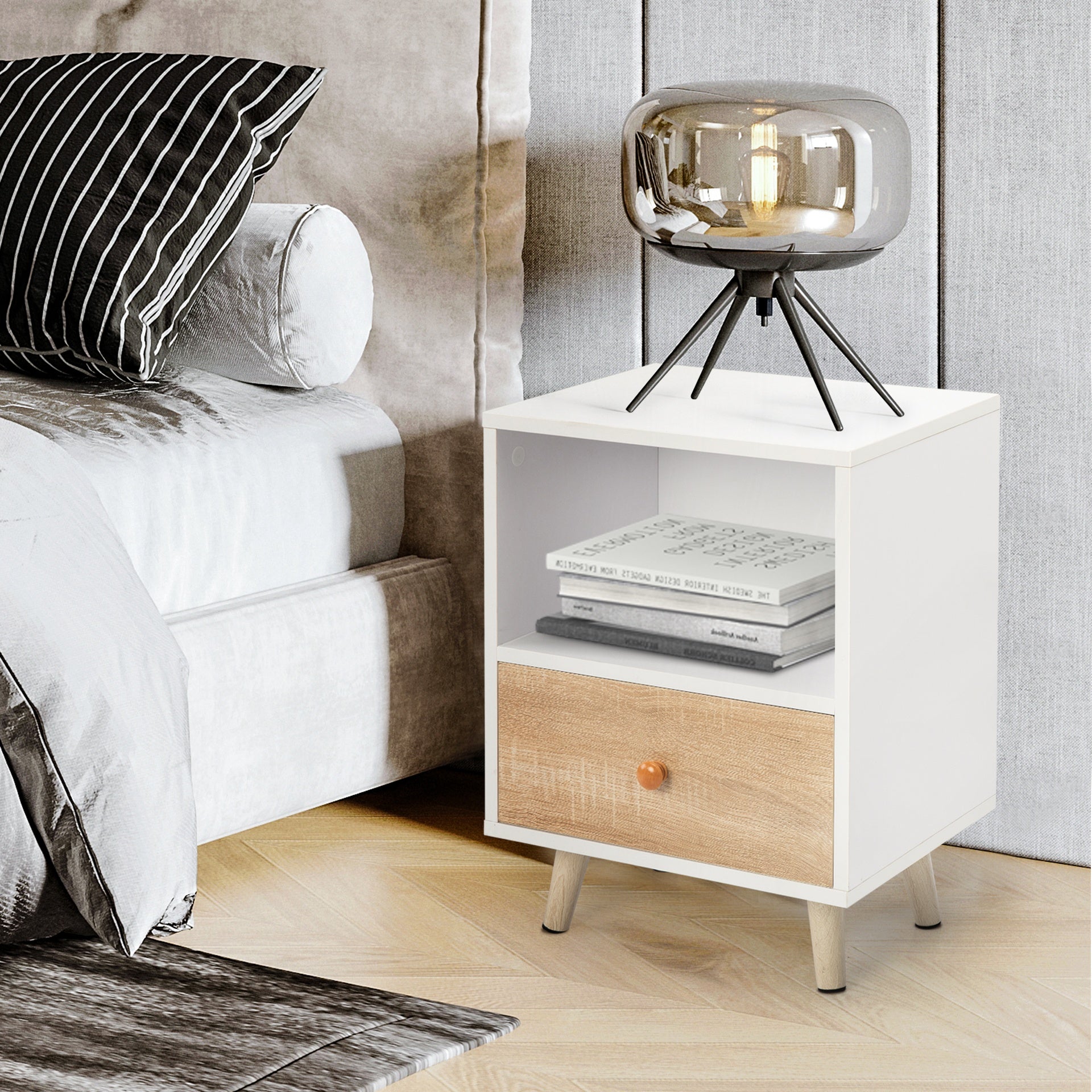 2 of Bedside Cupboard with 1 Drawer and Short Legs, End Table with Storing Shelf, Indoors, White
