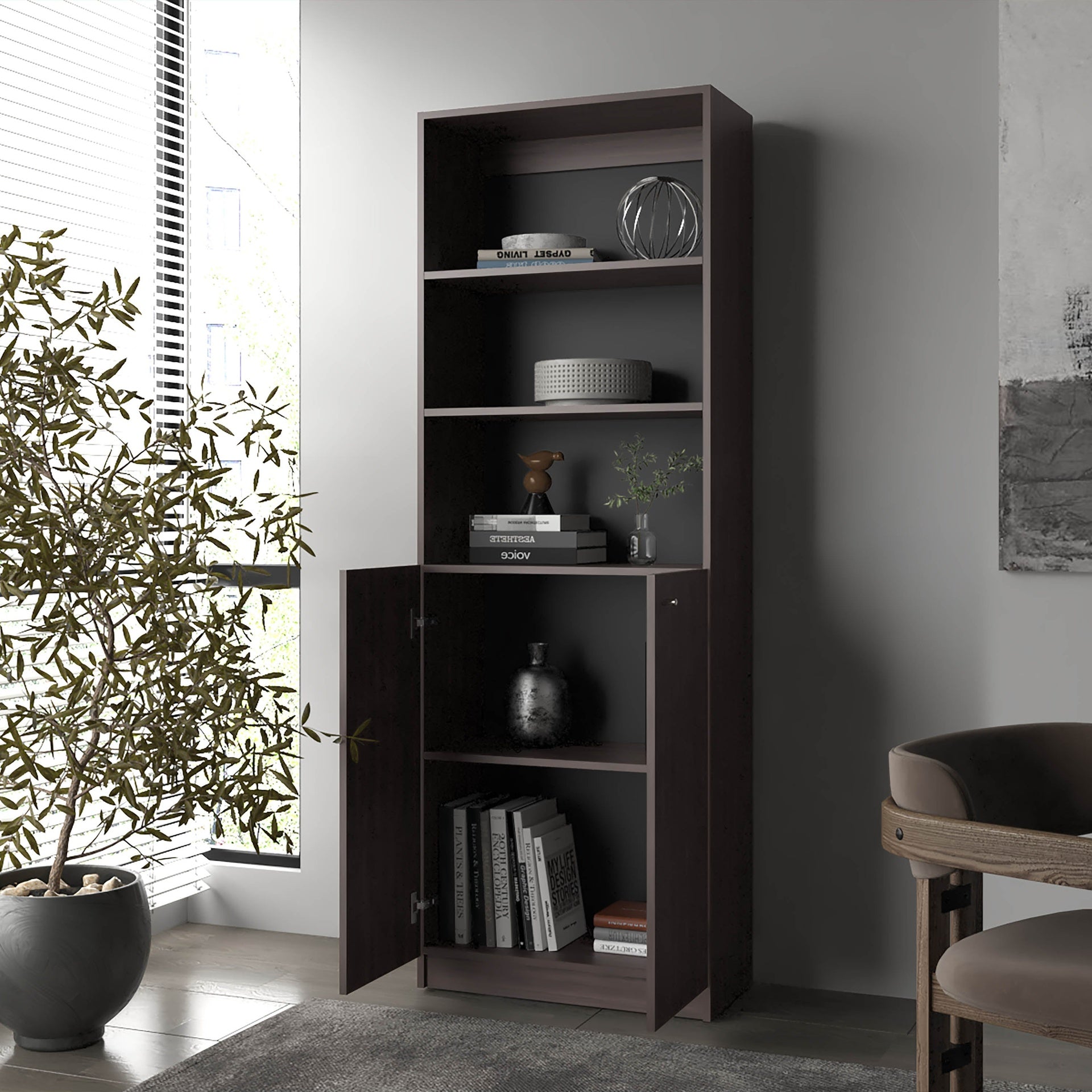 Stained Walnut Bookcase with Open Storage and 2 Doors