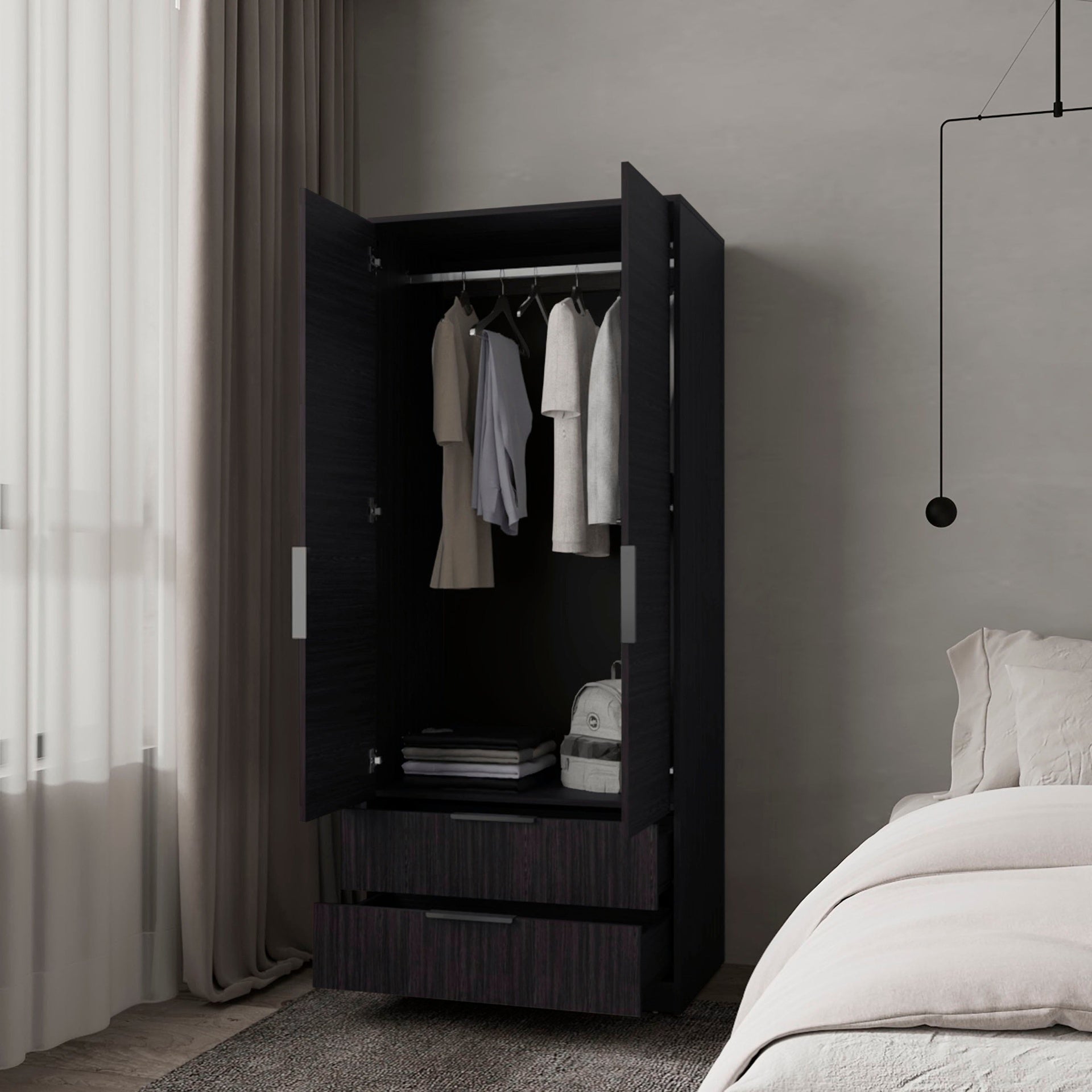 Wengue 2-Door 2-Drawer Wardrobe with Hanging Rod