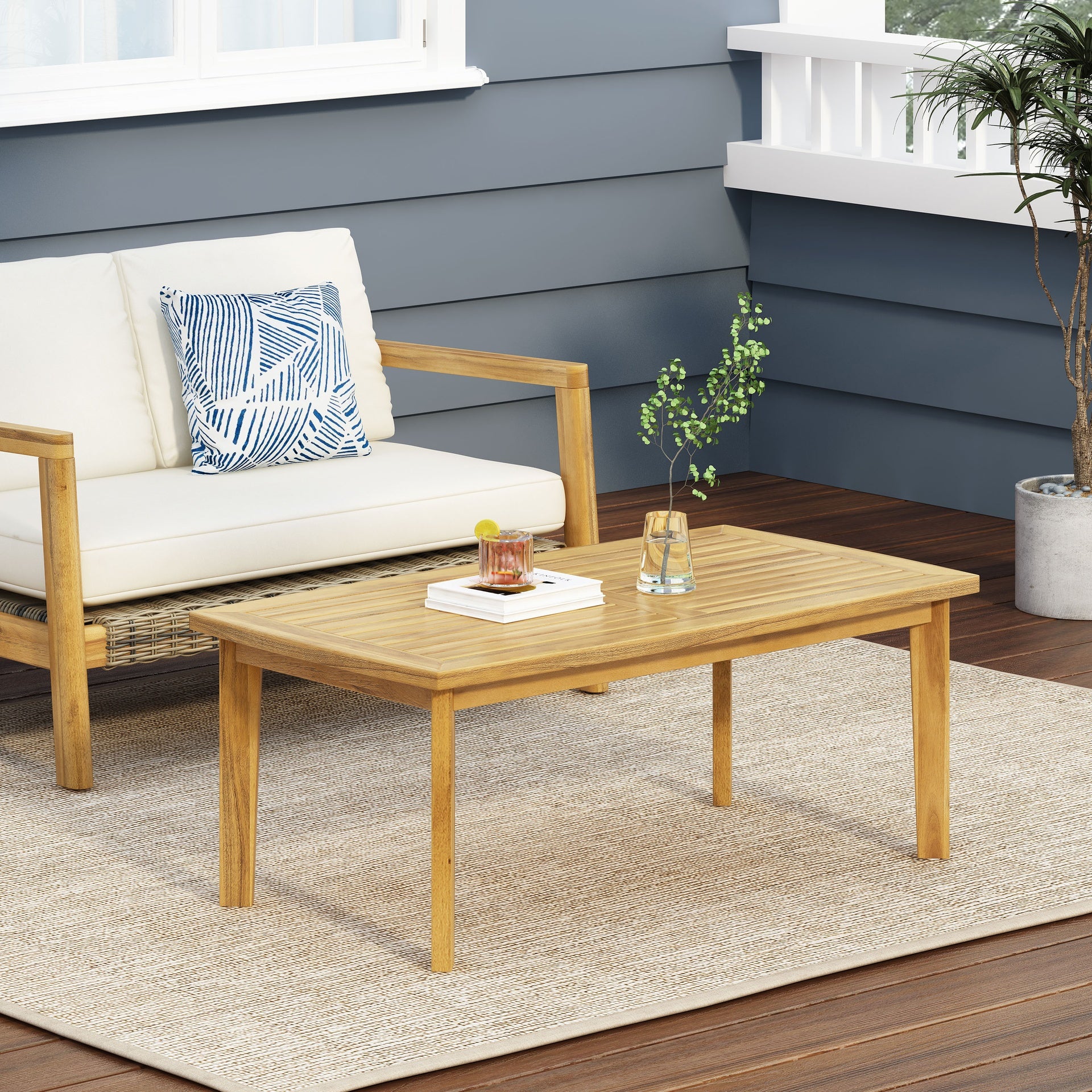 Outdoor Acacia Wood Rectangular Coffee Table, Teak, 43.25" W x 23.50" D x 17.00" H