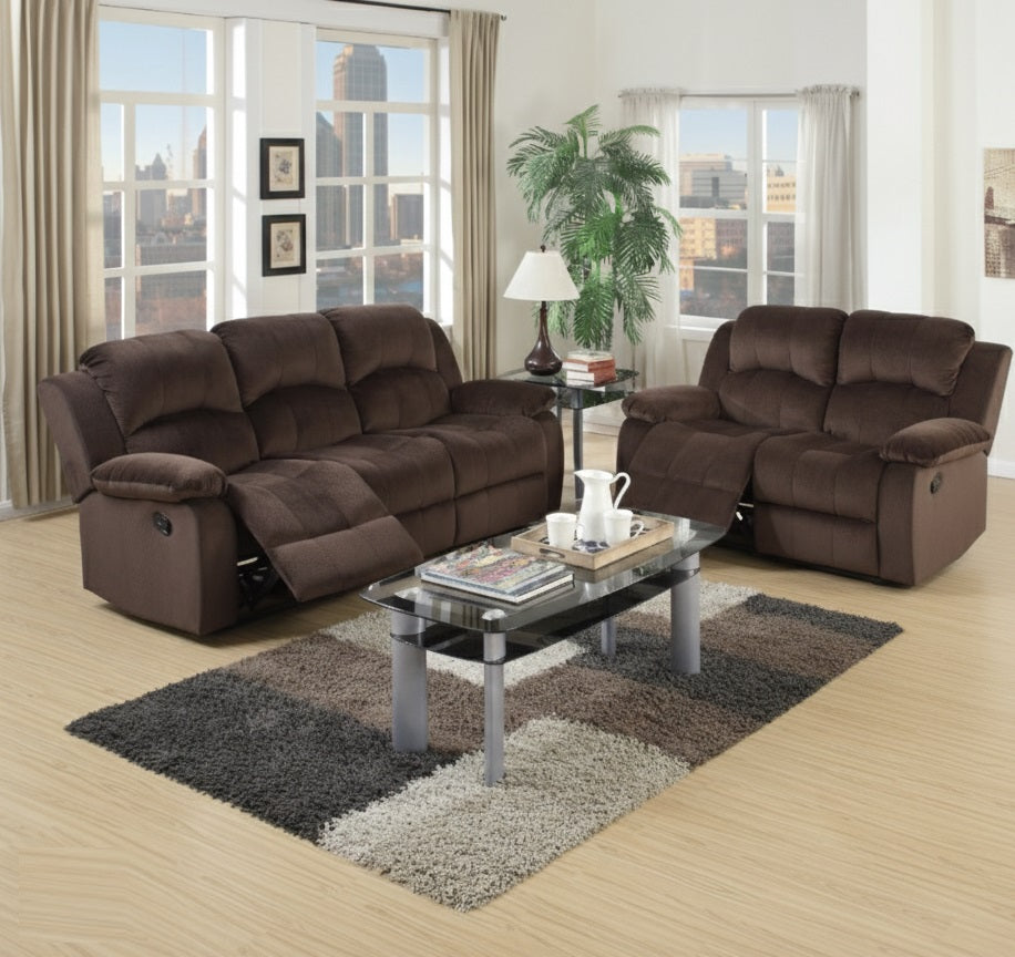 Modern Style Comfortable 2pc Living Room Set Pillow Arms Cushion Back Suede Padded Chocolate Finish Horizontal Tufting Primary Living Room Furniture