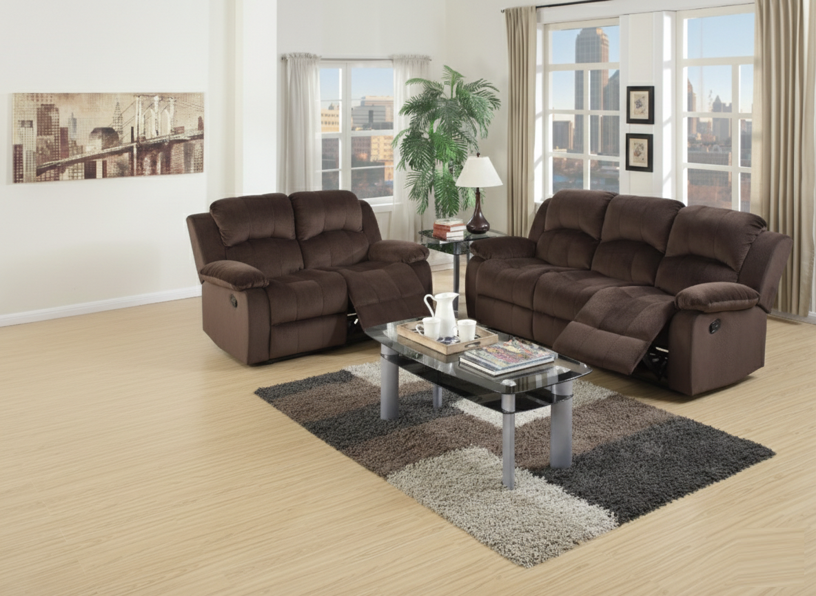 Modern Style Comfortable 2pc Living Room Set Pillow Arms Cushion Back Suede Padded Chocolate Finish Horizontal Tufting Primary Living Room Furniture