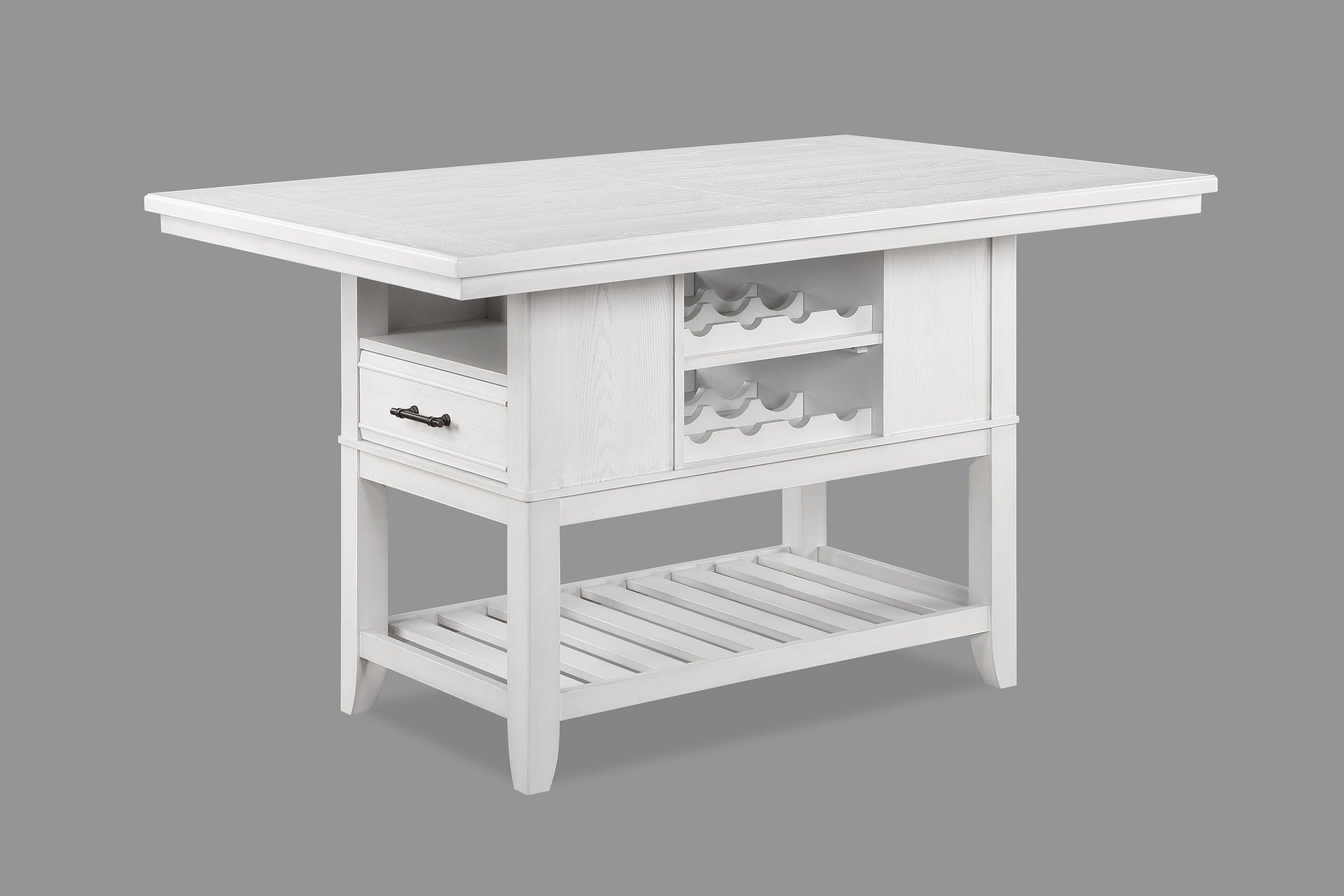 5pc Counter Height Dining Set White Rectangular Table Wine Bottle Storage Upholstery Chairs Open Shelf Storage Drawer Wooden Solid Wood Furniture