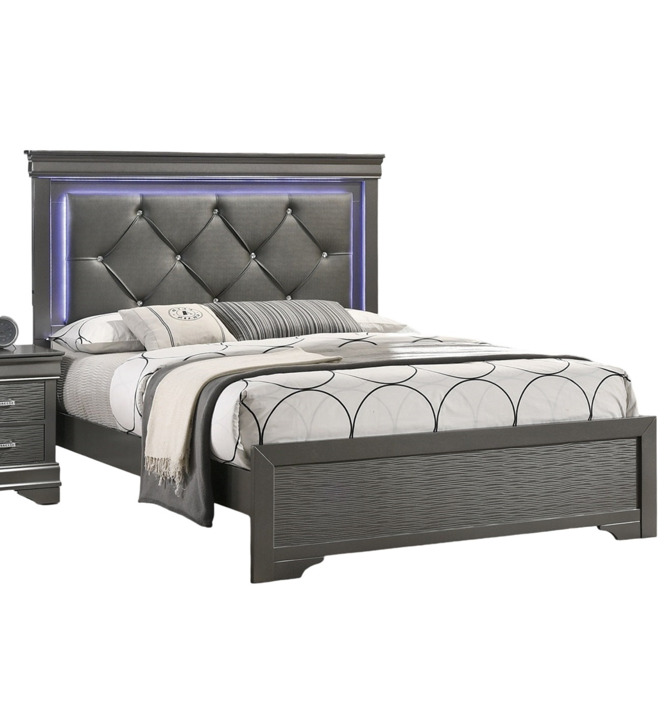Dark Gray Faux Leather Tufted Headboard 1pc Eastern King Size Bed w LED Bedroom Furniture Gray Unique Texture FB Solid wood