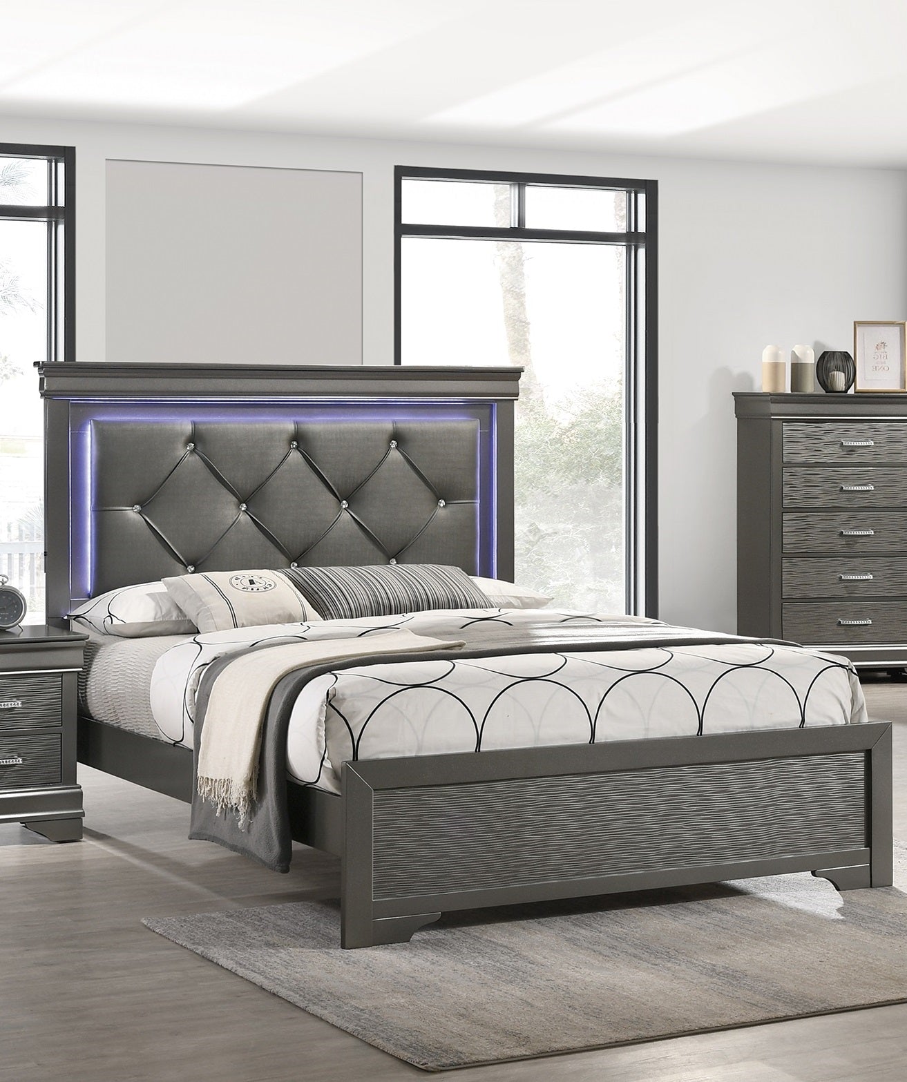 Dark Gray Faux Leather Tufted Headboard 1pc Eastern King Size Bed w LED Bedroom Furniture Gray Unique Texture FB Solid wood