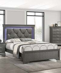 Dark Gray Faux Leather Tufted Headboard 1pc Eastern King Size Bed w LED Bedroom Furniture Gray Unique Texture FB Solid wood