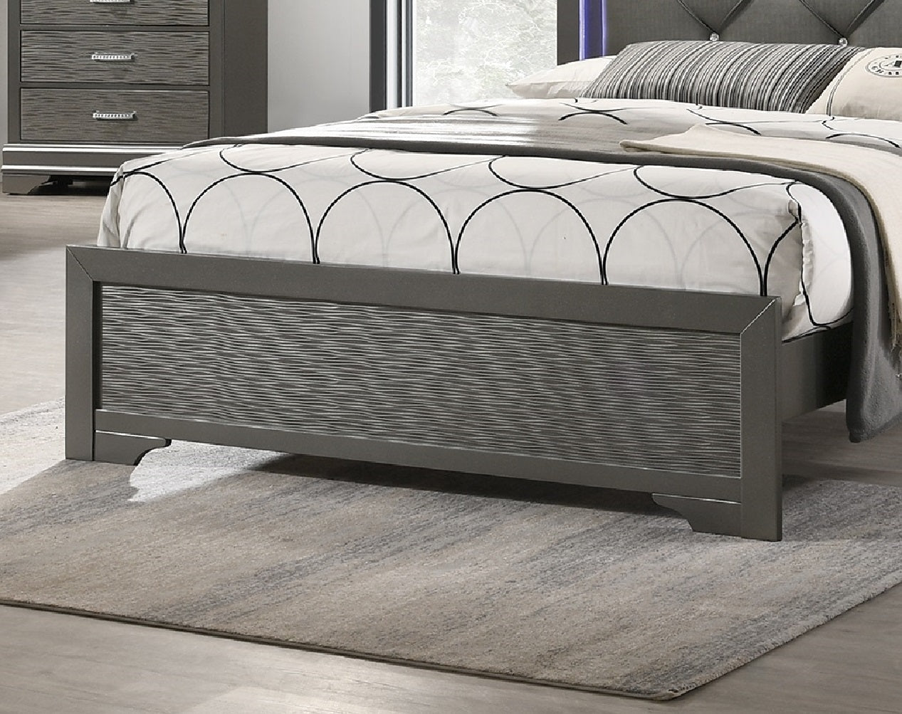 Dark Gray Faux Leather Tufted Headboard 1pc Eastern King Size Bed w LED Bedroom Furniture Gray Unique Texture FB Solid wood