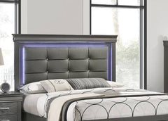 Gray Finish 1pc Eastern King Size Bed Square Button Tufting LED Lights Gray Finish Bedroom Furniture