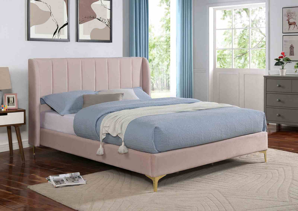 Contemporary Light Pink Queen Size Bed Wingback Headboard 1pc Bed Velvet Like Fabric Gold Metal Legs