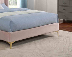 Contemporary Light Pink Queen Size Bed Wingback Headboard 1pc Bed Velvet Like Fabric Gold Metal Legs