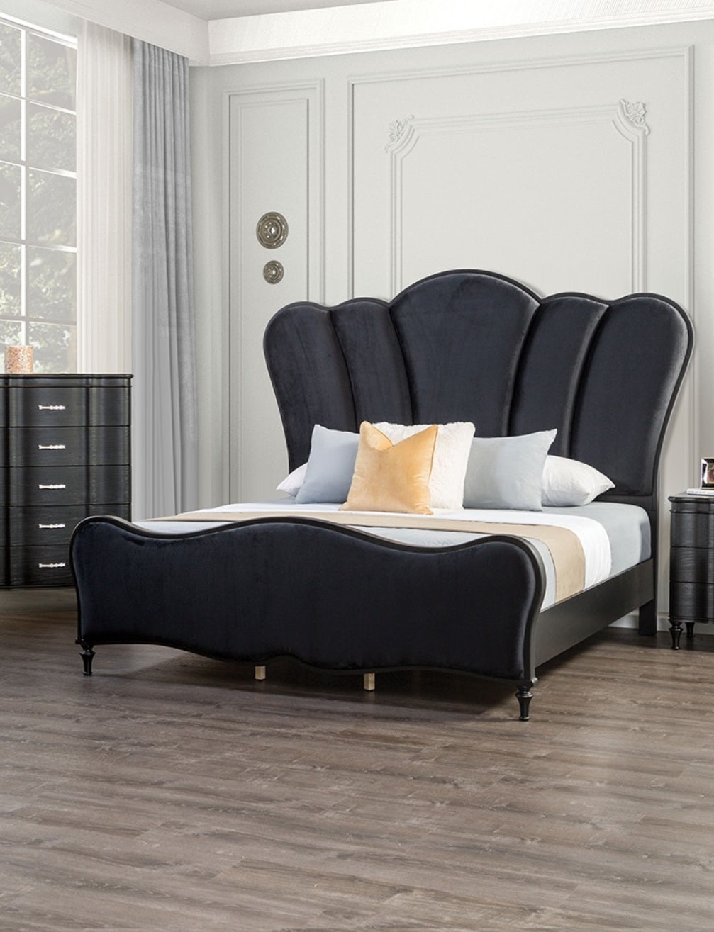 Glam Beautiful Black Fabric 1pc Eastern King Size Bed Padded Channel Headboard Bedroom Furniture