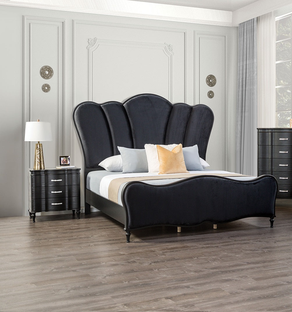 Lovely Attractive Bedroom 3pc Set Queen Size Bed 2x Nightstands Black Fabric Padded HB Wood Legs
