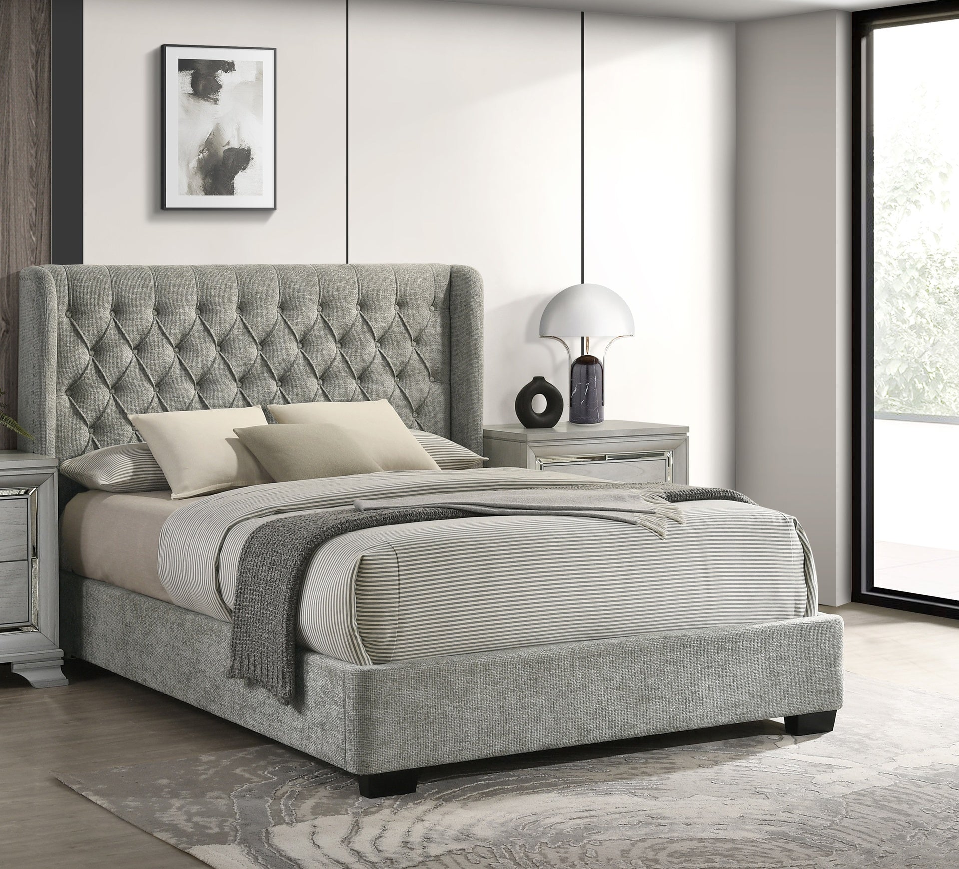 1pc Contemporary Upholstered Bed Frame Tufted Headboard Soft Tweed Fabric Winged Headboard Gray