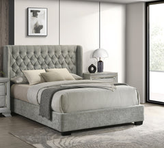 1pc Contemporary Upholstered Bed Frame Tufted Headboard Soft Tweed Fabric Winged Headboard Gray